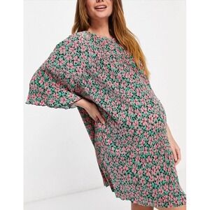 ASOS DESIGN‎ Maternity Dress Wm 12 US 44 mini plisse crew neck pink green floral